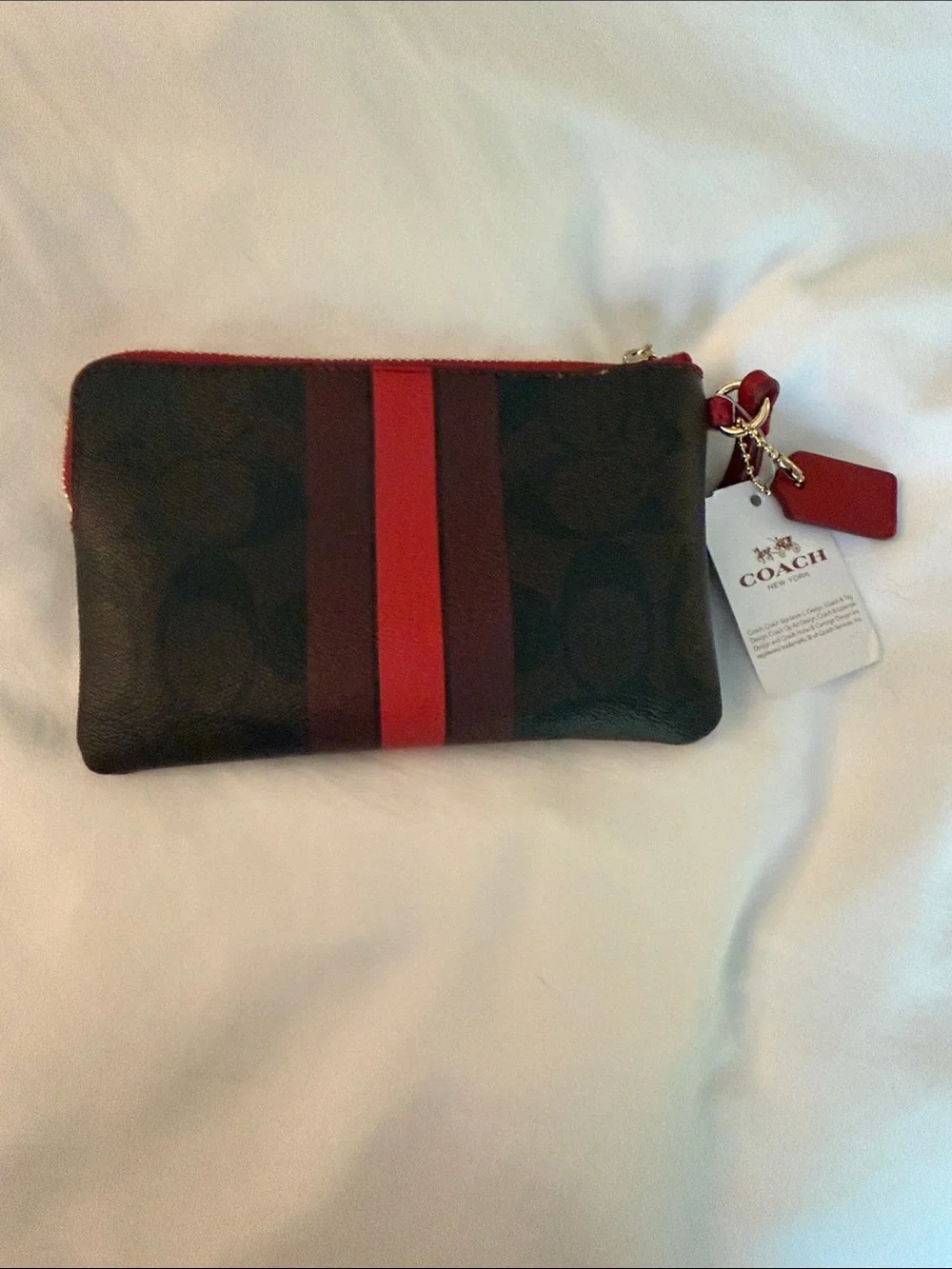 Coach Brown and Red Signature Stripe Wristlet